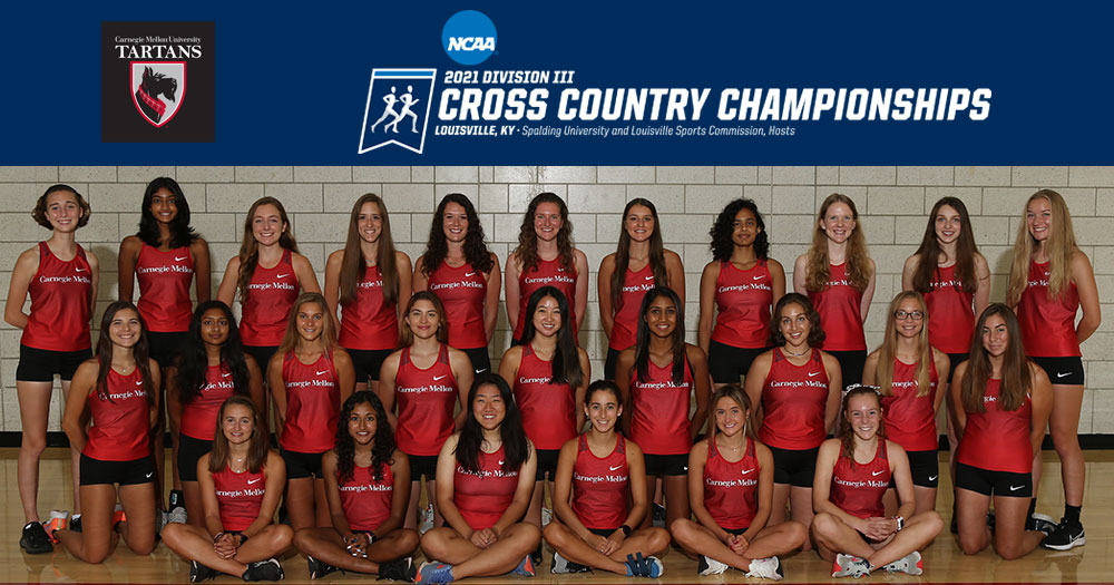 team photo of women's cross country runners with dark blue banner at top with Carnegie Mellon Tartans logo and NCAA Division III Cross Country Championships logo