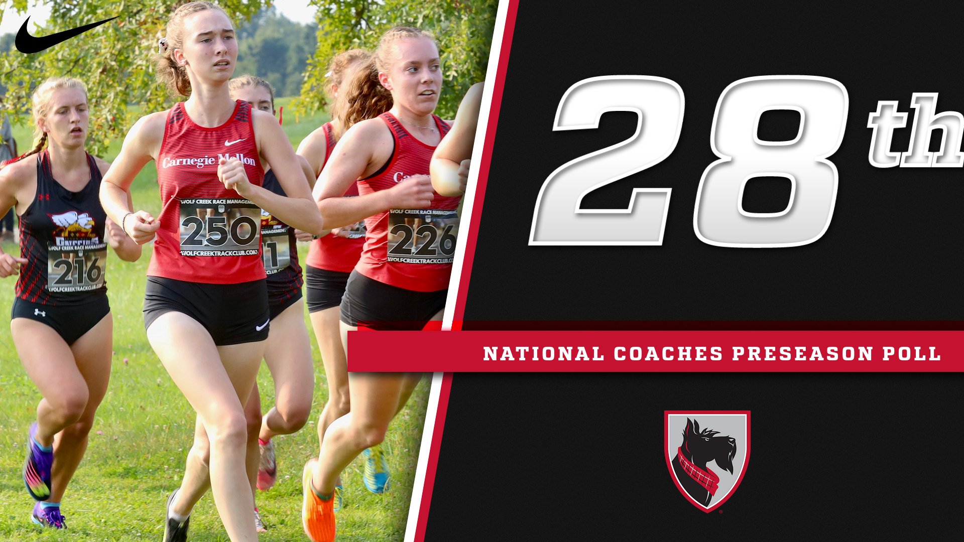 women's cross country runners in action with text reading 28th National Coaches Preseason Poll