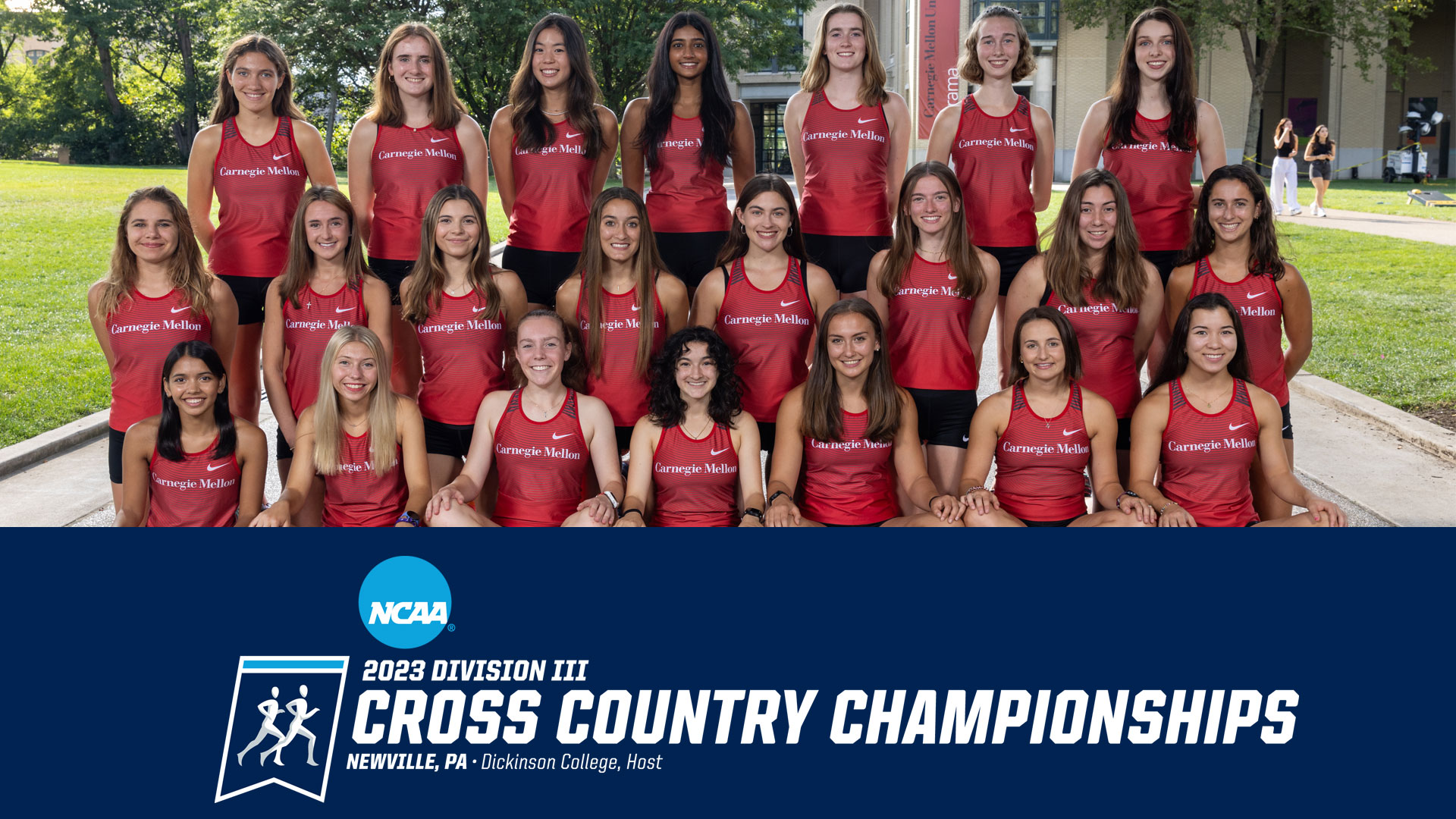team photo of women's cross country team wearing red jersey tops with NCAA logo reading 2023 Division III Cross Country Championships