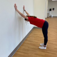 person facing a wall with palms touching the wall in a Y position above head with back flat and legs straight