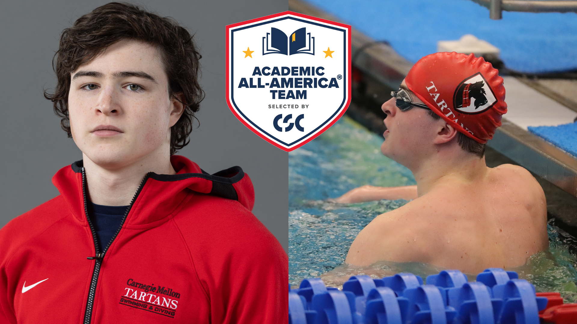 portrait image of a male in a red zipped jacket with a photo of a male in a pool with a red cap. Includes a logo of Academic All-America Team CSC