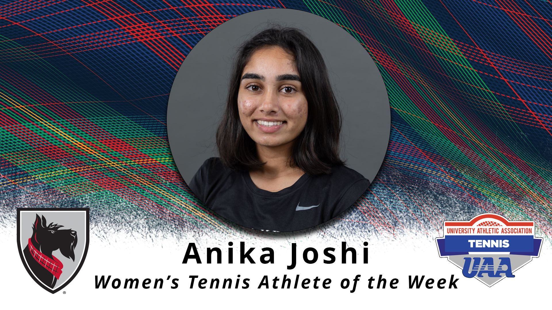 a portrait type photo of a female framed in a circle with text reading Anika Joshi Women's Tennis Athlete of the Week